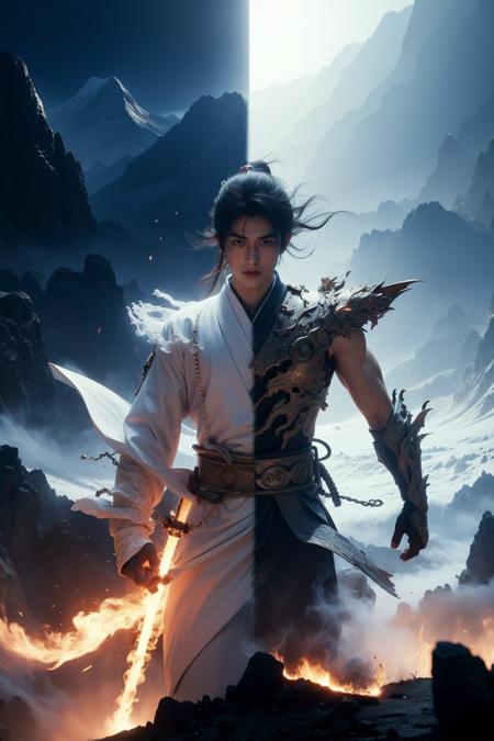 42032-1802633963-wabstyle, glowing, two-tone hair, mountain, east asian architecture, robe, __skeleton,ghost, hell, heaven, fighting stance, drag.png